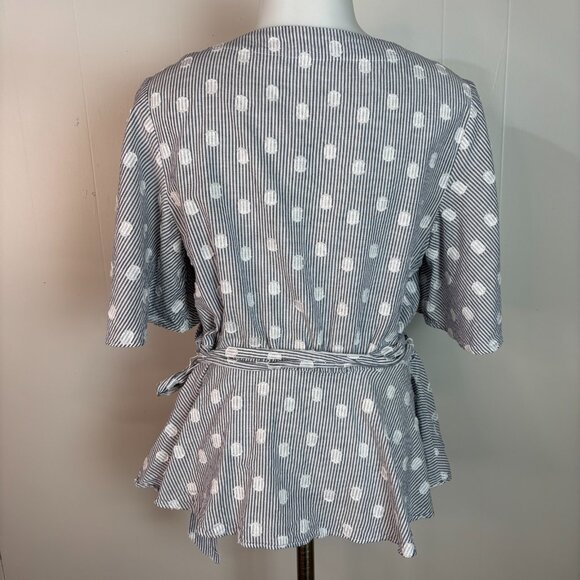 LOFT Wrap Top Medium Blue White Striped Polka Dot Short Sleeve Cotton Blouse - Picture 5 of 9